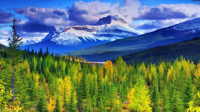 Beginning Autumn at Banff NP, Alberta, fall, clouds, landscape, larches, colors, sky, canada, rocks, HD wallpaper