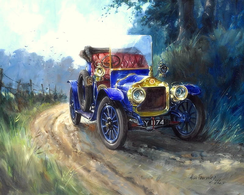 Blue Minerva, carros, paintings, draw and paint, love four seasons, Minerva, retro car, blue, HD wallpaper