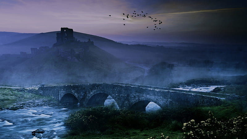 ancient ruins above an old bridge, hills, bridge, grass, birds, ruins, river, fog, HD wallpaper