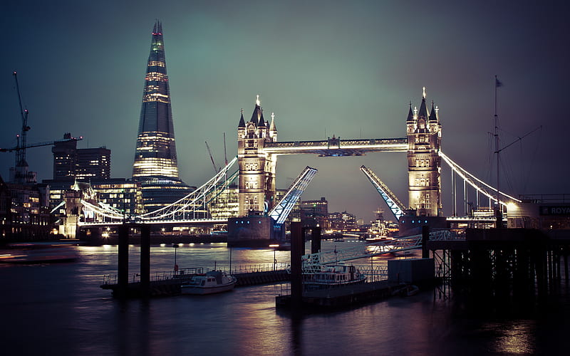 London Tower Bridge, nightscapes, skyline, England, UK, HD wallpaper