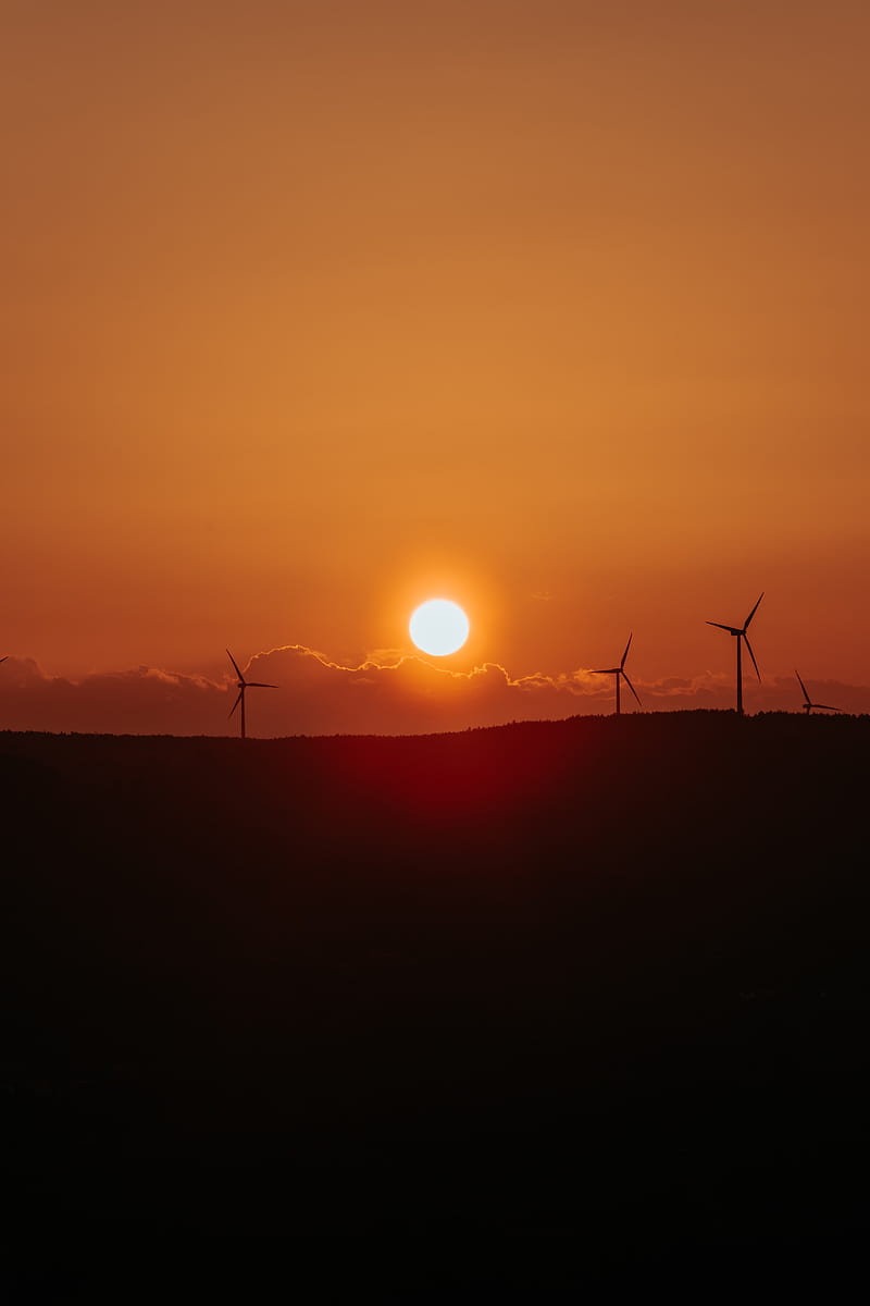 horizon, sunset, wind turbine, orange sky, Nature, HD phone wallpaper