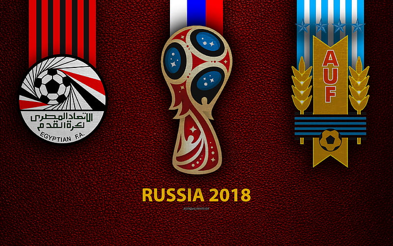 Egypt vs Uruguay football, logos, 2018 FIFA World Cup, Russia 2018, burgundy leather texture, Russia 2018 logo, cup, Egypt, Uruguay, national teams, football game, HD wallpaper