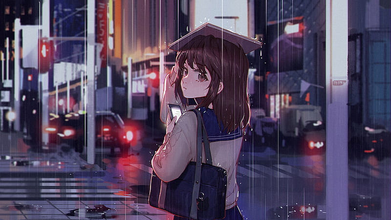 Anime Girl Raining Smartphone Urban Street Brown Hair Anime Hd Wallpaper Peakpx