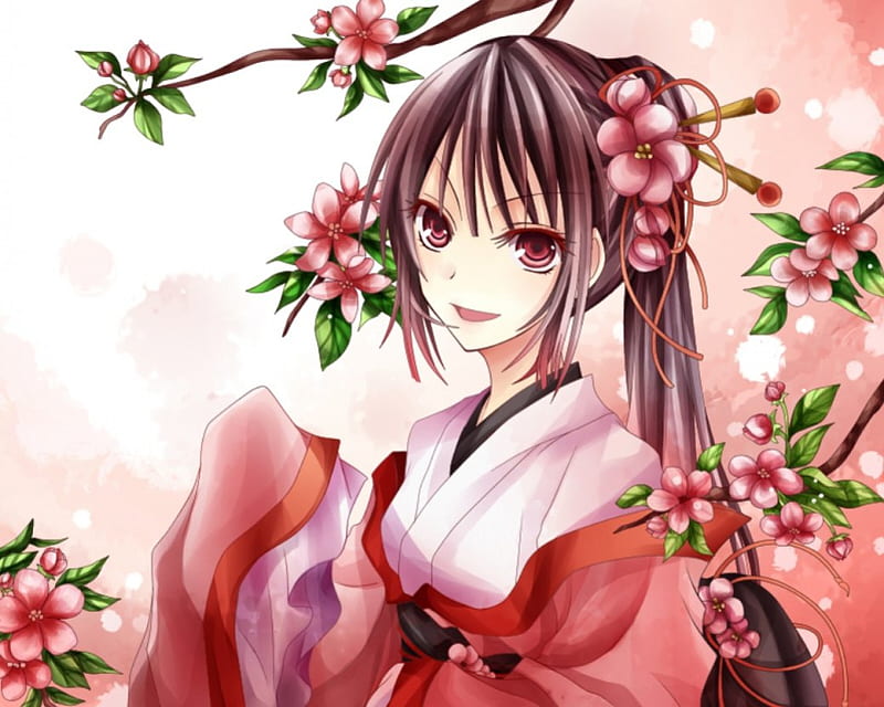 Pretty Flower, red, pretty, bloom, elegant, floral, sweet, ponytail, blossom, nice, anime, hot, anime girl, long hair, gorgeous, female, lovely, brown hair, sexy, cute, girl, flower, petals, lady, pony tail, red eyes, maiden, HD wallpaper