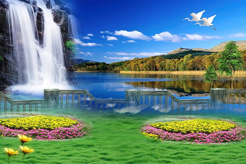 Waterfall, flowers, birds, water, sky, HD wallpaper | Peakpx