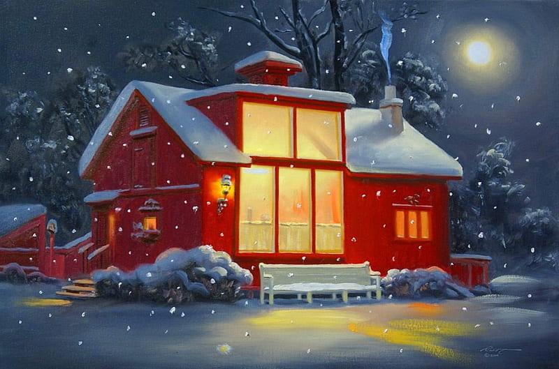 Winter house, art, house, cottage, bonito, sky, winter, snow, snowflakes,  painting, HD wallpaper