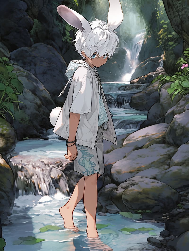 Guy, ears, shorts, stones, river, waterfall, art, anime, HD phone wallpaper  | Peakpx