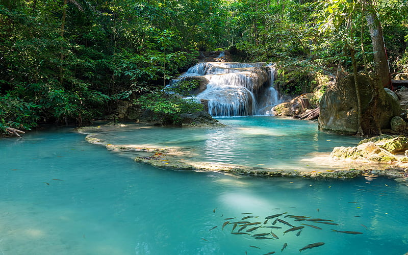Erawan Falls, waterfall, blue lake, rainforest, national park, Kanchanaburi, Thailand, HD wallpaper