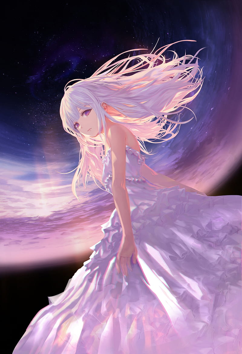 anime, anime girls, dress, long hair, white hair, purple eyes, white dress, sky, Jname, HD phone wallpaper