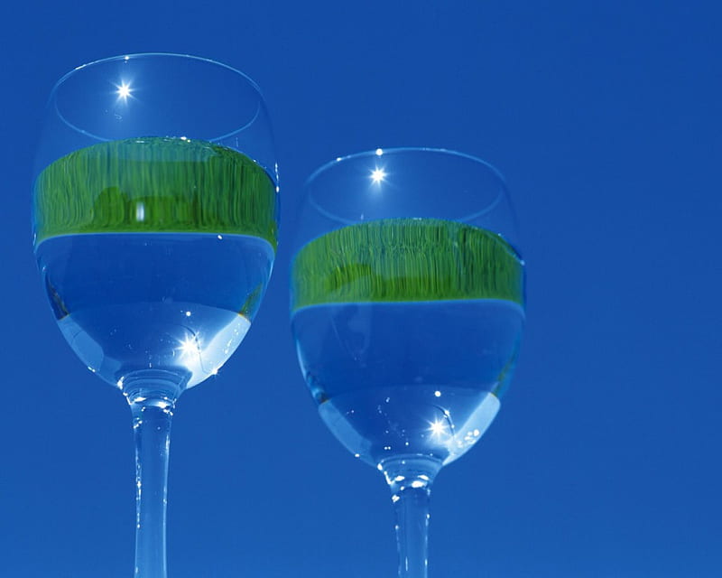 Glass in blue background, art, grass, blue, wine glass, HD wallpaper