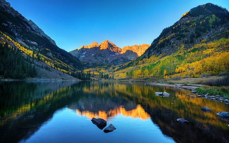 Maroon Lake, Aspen, mountain lake, mountain landscape, forest, evening, sunset, autumn, Colorado, USA, HD wallpaper