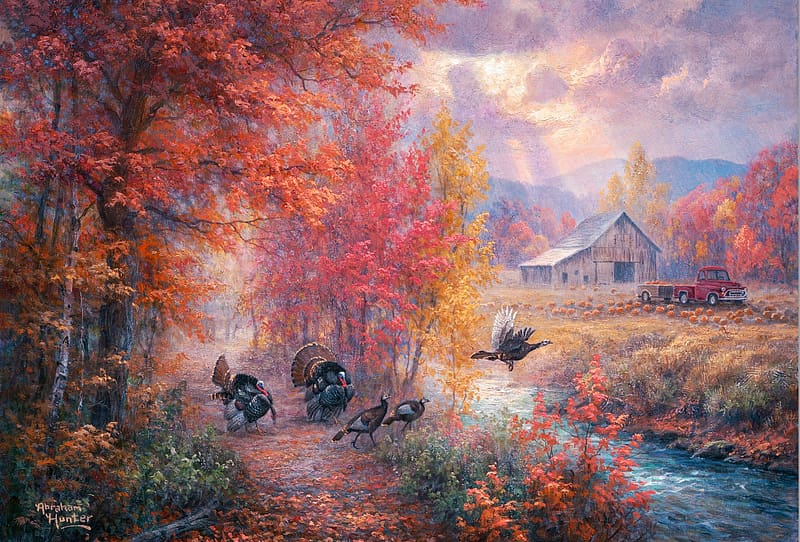 Happy Thanksgiving by Abraham Hunter, artwork, turkeys, river, poultry, barn, painting, trees, autumn, HD wallpaper