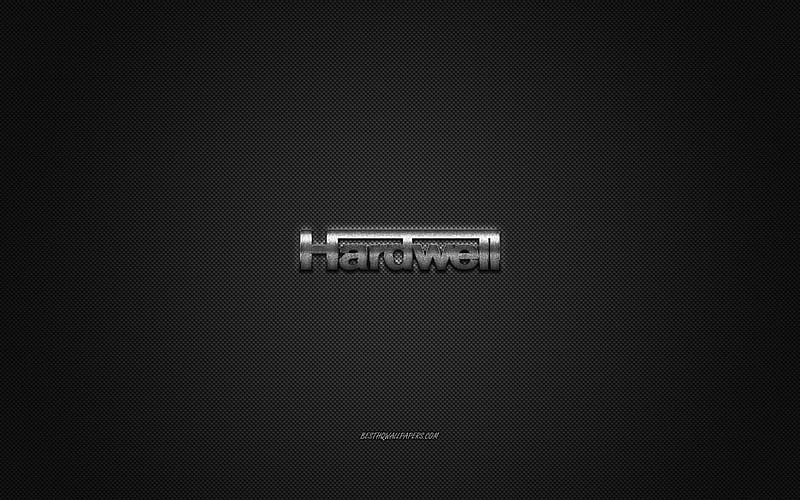 Hardwell logo, silver shiny logo, Hardwell metal emblem, Dutch DJ, Robbert van de Corput, gray carbon fiber texture, Hardwell, brands, creative art, HD wallpaper