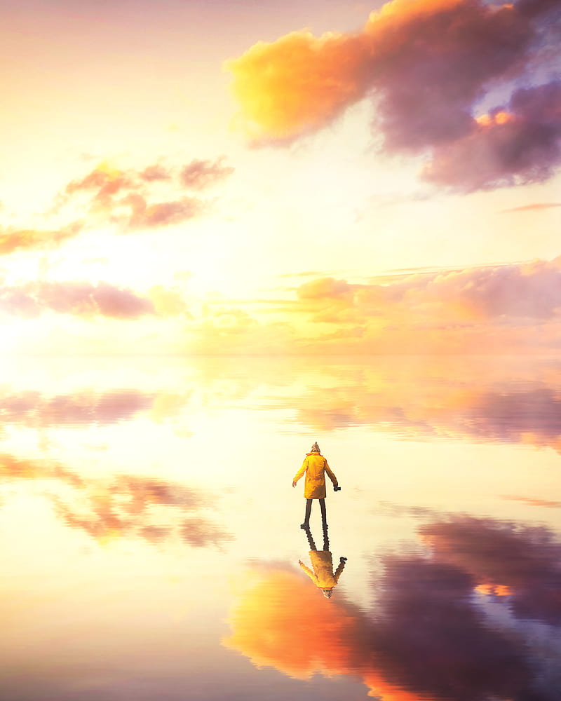 man, water, clouds, reflection, illusion, HD phone wallpaper