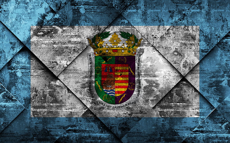 Flag of Malaga grunge art, rhombus grunge texture, spanish province, Malaga flag, Spain, national symbols, Malaga, provinces of Spain, creative art, HD wallpaper
