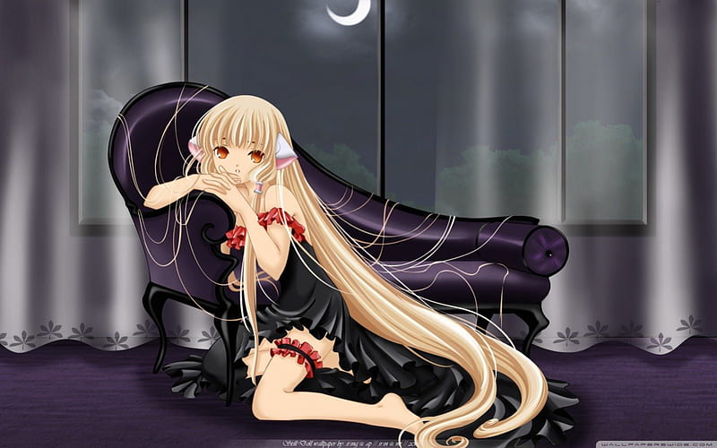 Chobits girl, red, blond, legs, black, cute, nice, young, garter, dark, frills, two tails, long hair, red eyes, HD wallpaper