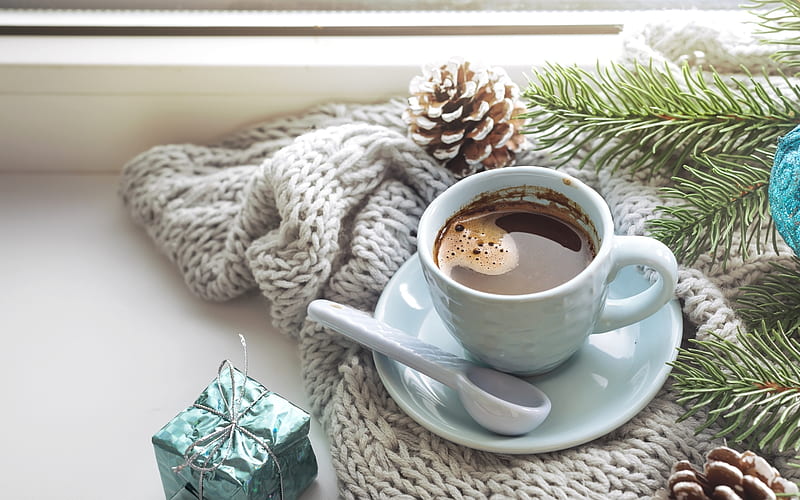 Winter Coffee, pine cones, knitting, gift, coffee, HD wallpaper