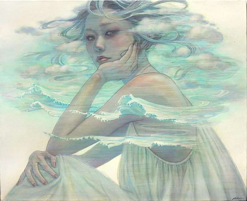 Water girl, miho hirano, art, painting, pictura, girl, water, chalk, blue, fantasy, wave, HD wallpaper