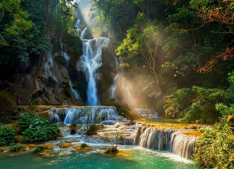Sun Rays Over The Waterfall, forest, rocks, sunbeams, bonito, trees, wall, courtain water, pond, lagoon, green, Laos, plants, river, HD wallpaper