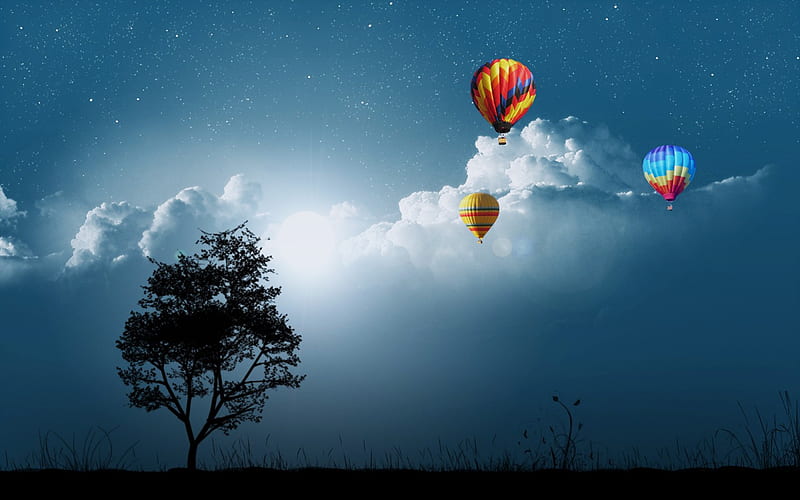 Balloons , fantasy, abstract, space, blue, HD wallpaper