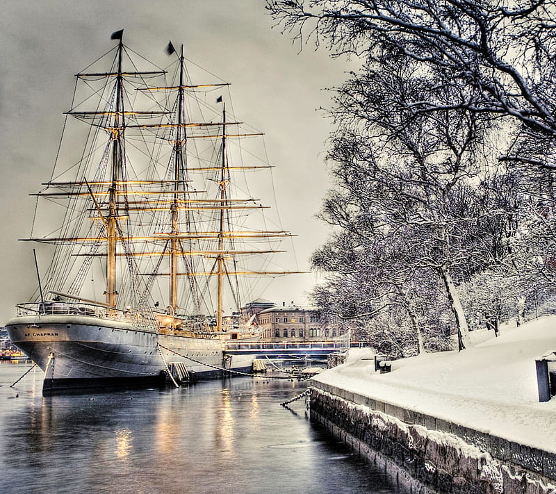 Quay, dock, pier, sailboat, ship, snow, winter, HD wallpaper