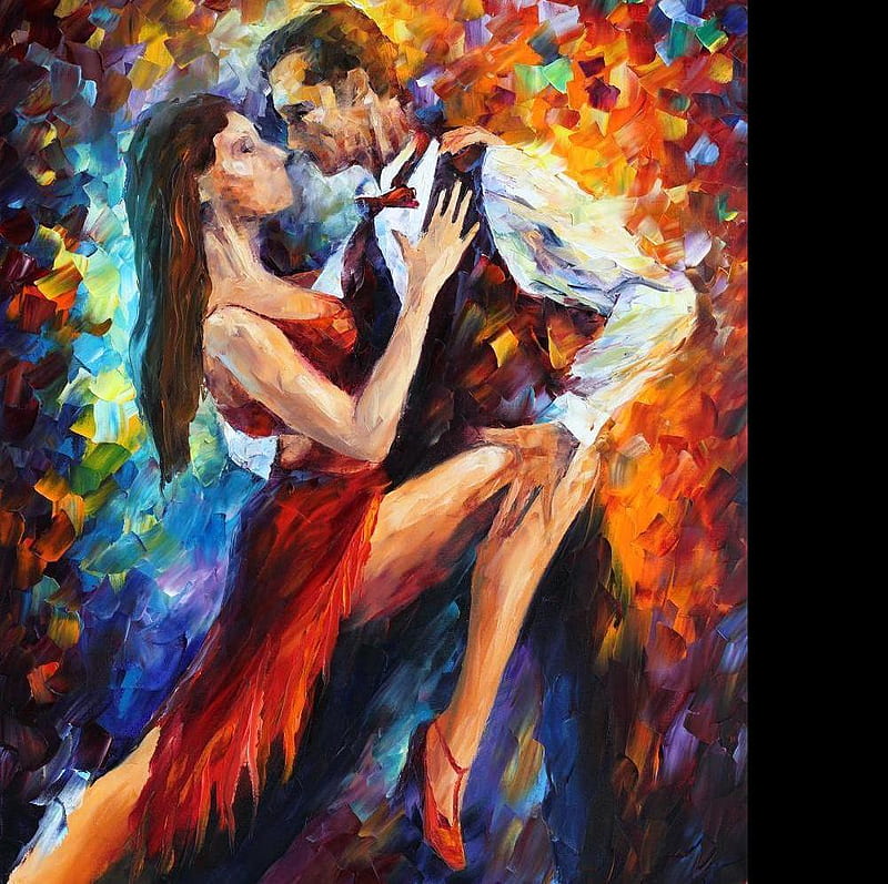 Leonid Afremov - Delightful Tango, red, art, dress, tango, music, colors, man, woman, delightful, young, girl, painting, passion, dance, leonid afremov, couple, HD wallpaper
