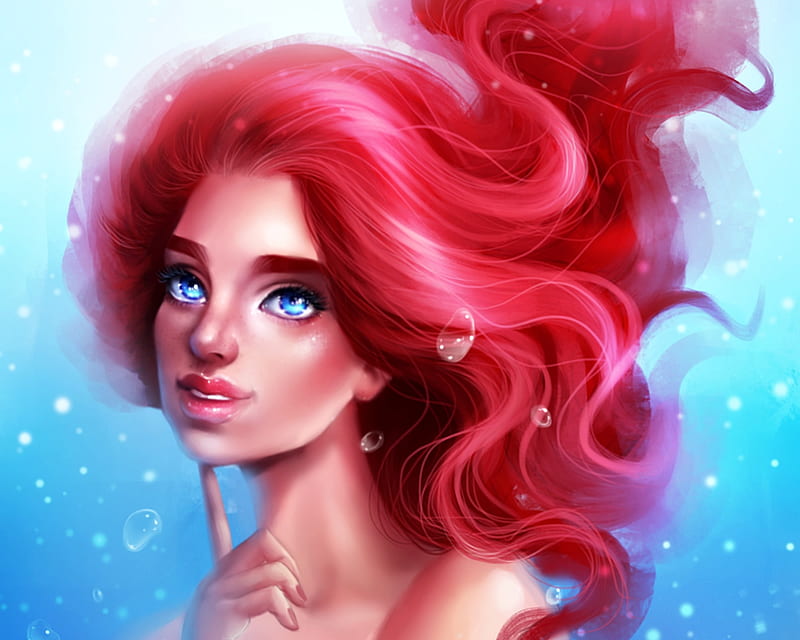 Little mermaid, fanart, art, luminos, redhead, mermaid, fantasy, girl, sandramalie, siren, disney, blue, HD wallpaper