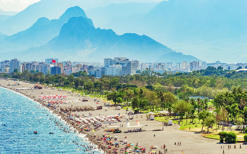 Antalya, beach, summer, Aegean sea, coast, mountain landscape, Turkey, HD wallpaper