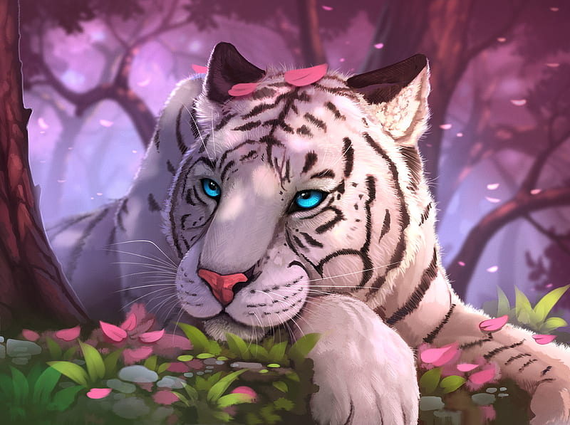 white tiger, fantasy creature, majestic, blue eyes, forest, Fantasy, HD wallpaper