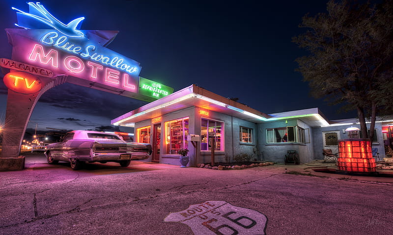 Blue Swallow Motel - Route 66, usa, night, lights, car, HD wallpaper
