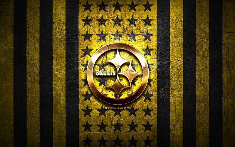 Pittsburgh Steelers flag, NFL, yellow black metal background, american football team, Pittsburgh Steelers logo, USA, american football, golden logo, Pittsburgh Steelers, HD wallpaper