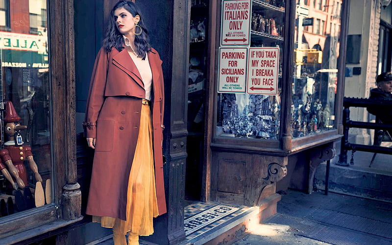 Alexandra Daddario, portrait, american actress, hoot, red coat, american fashion model, HD wallpaper