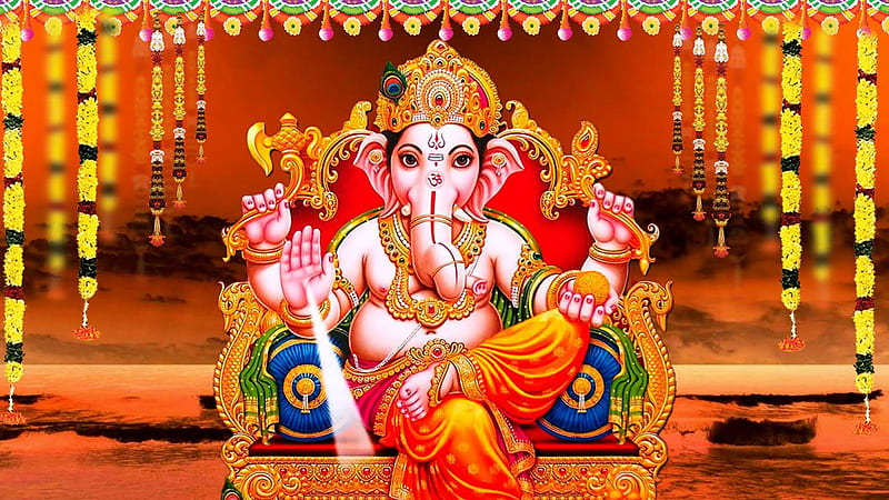 Lord Ganesh Hanging Flowers Yellow Brown Background Ganesh, HD wallpaper