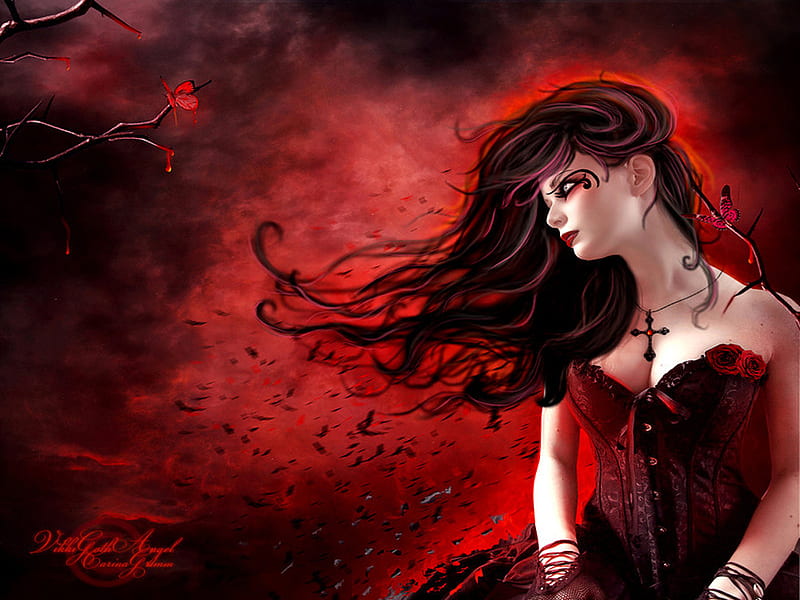 Blood of Gothic, pretty, female, cross necklace, rose, scar, abstract, woman, blood, red blood, goth, big breasts, fantasy, gloves, butterfly, gothic, beauty, HD wallpaper