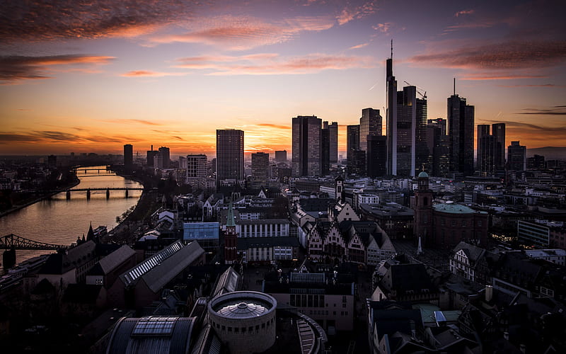 Frankfurt am Main, German city, evening, sunset, skyscrapers, Frankfurt cityscape, Germany, HD wallpaper