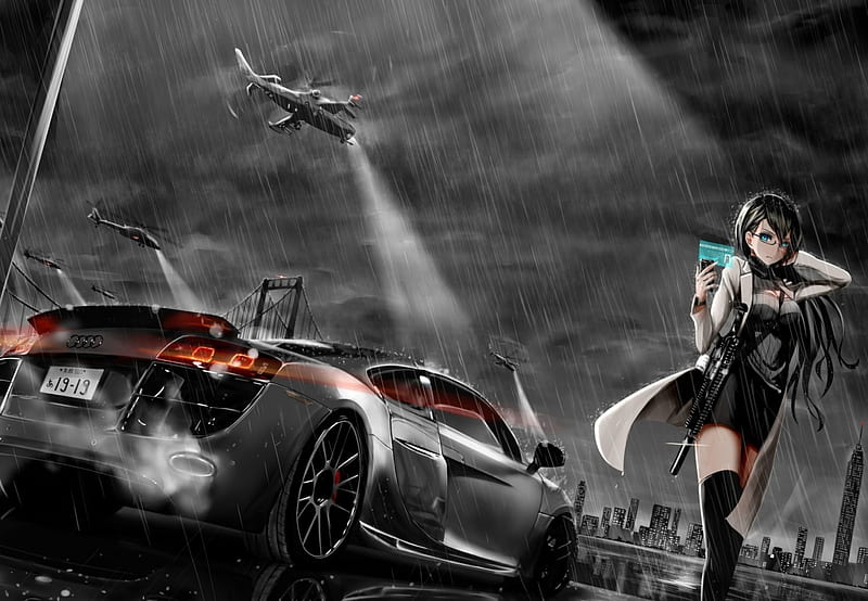 trouble brewing, Helicopter, Anime, Audi TT, Night, HD wallpaper