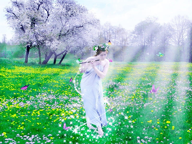 ✰Flute in the Spring✰, pretty, sun, adorable, clouds, women, sweet, sparkle, fantasy, splendor, love, bright, flowers, pollen, insects, lovely, models, cheerful, wind, sky, manipulations, trees, cute, delightful, spark, rays, splendidly, blossoms, sunshine, sound, dazzling, bonito, seasons, digital art, leaves, fields, girls, blooms, magnificent, light, animals, female, music, spring, butterflies, buds, plants, flute, summer, petals, nature, HD wallpaper