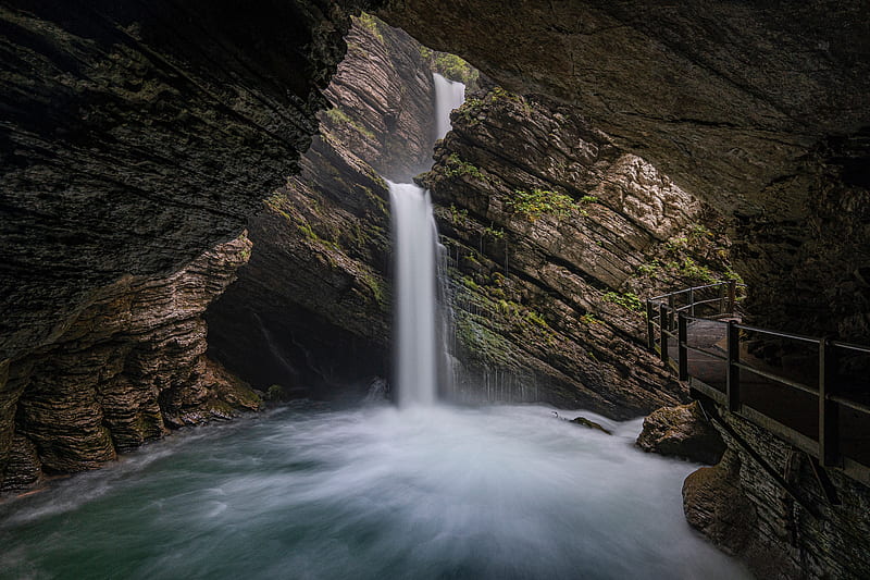 waterfall, rocks, stream, cave, HD wallpaper