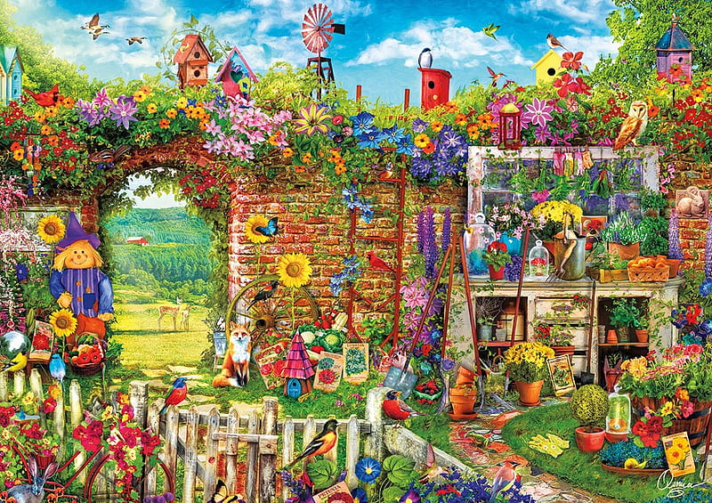 Garden Gate, puzzle, jig, gate, flowers, saw, garden, HD wallpaper