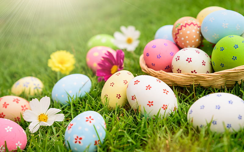 Easter eggs, spring, decorated eggs, Easter, eggs on the grass, HD wallpaper