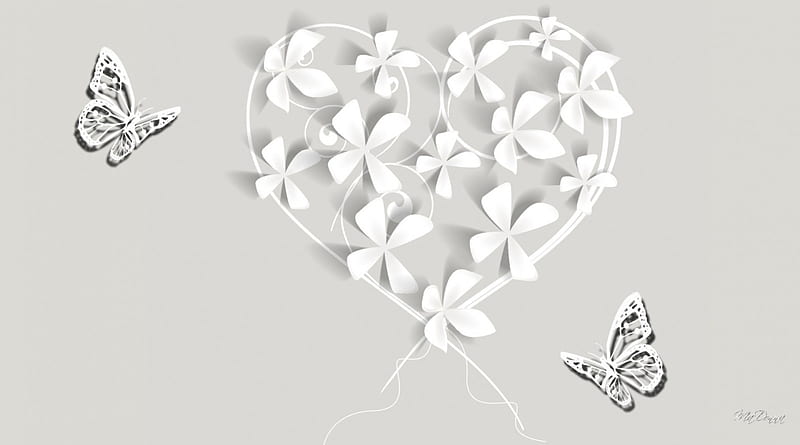 White Shadow Heart, Valentines Day, heart, flowers, shadows, cut out, butterflies, paper, abstract, HD wallpaper