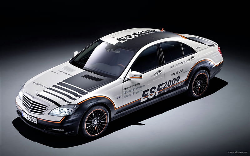 mercedes race car, orange, front engine, black, two seater, white, HD wallpaper