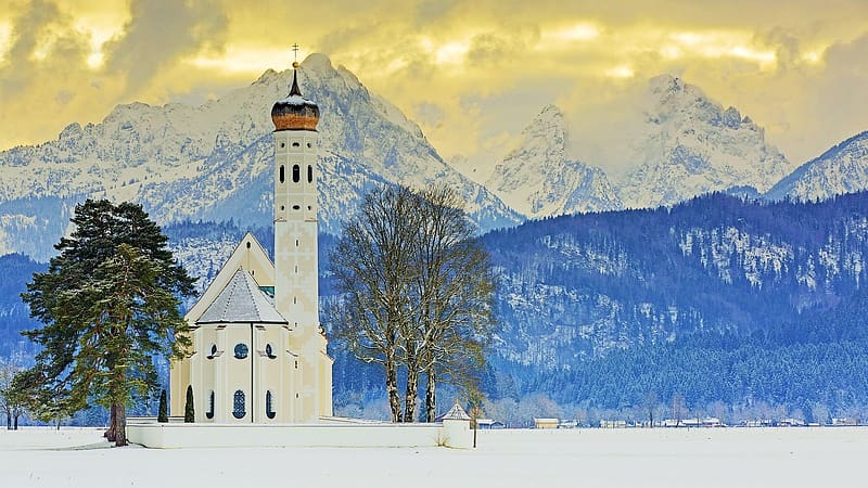 Saint Coloman Church, Bavarian Alps, snow, winter, chapel, germany, landscape, trees, rocks, HD wallpaper