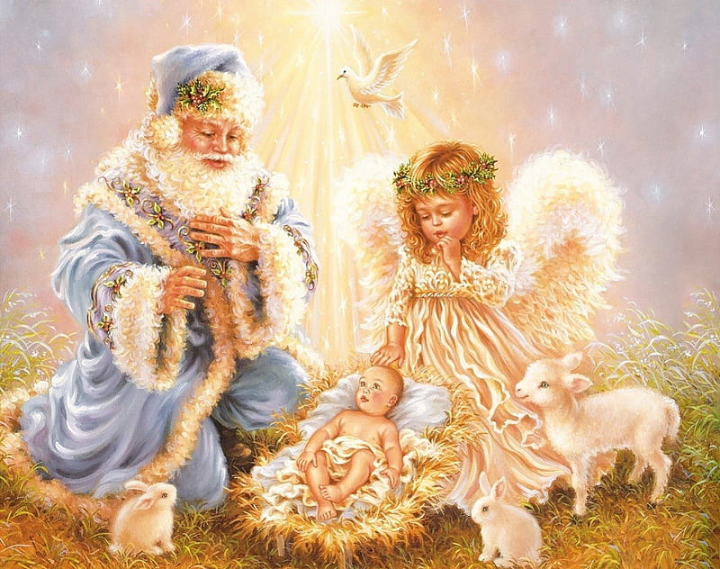 Angel At Christmas Day, creche, angel, painting, lamb, dove, baby jesus, bunnies, santa claus, HD wallpaper