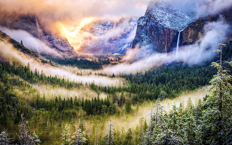 Yosemite Valley, waterfall, mountain landscape, winter, valley, Yosemite National Park, american landmarks, fog, beautiful nature, Sierra Nevada, USA, America, HD wallpaper