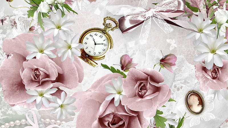 Your Grandmothers Roses, white flowers, pocket watch, lace, white roses, ribbon, bow, roses, mauve, antique, cameo, brooch, vintage, HD wallpaper