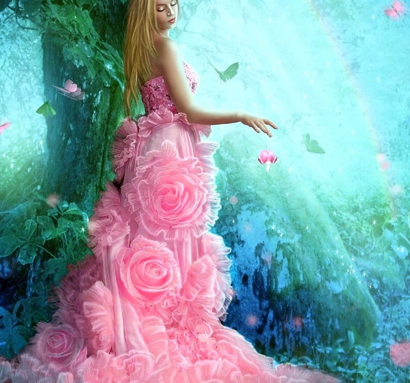 Spring Butterfly Forests, models, love four seasons, butterflies, spring, creative pre-made, digital art, woman, fantasy, manipulation, weird things people wear, forests, butterfly designs, pink, HD wallpaper