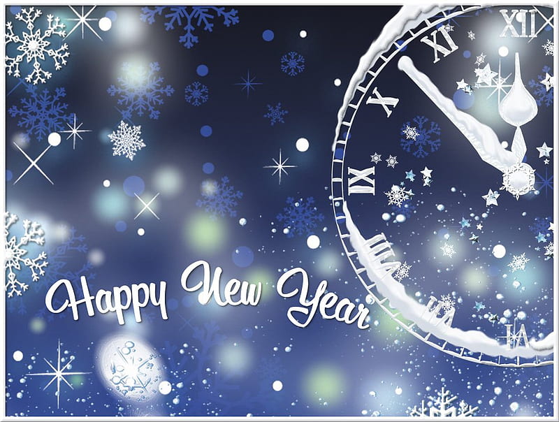 BLUE HAPPY NEW YEAR, clock countdown, stars, snow, happy new year, blue, HD wallpaper