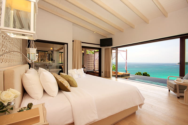 Villa, architecture, pretty, house, bedroom, modern, nice, calm, luxury, harmony, cozy, lovely, beautiful cool, romance, ocean, relax, sky, pool, water, new, interiors, landscape, style, holidays, home, sea, graphy, bathroom, room, patio, exotic, view, desenho, living, peaceful, HD wallpaper