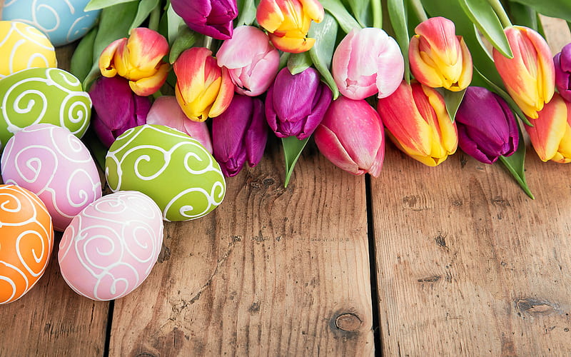 Multicolored easter eggs, tulips, spring flowers, Happy Easter, April 2018, wooden background, spring, HD wallpaper